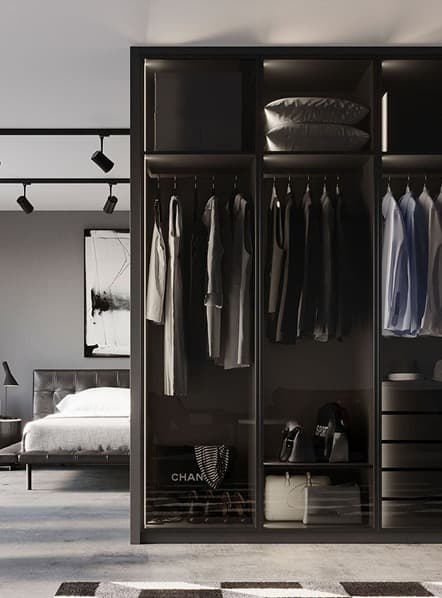 Vestidor moderno con estanterías iluminadas, ropa organizada y detalles de lujo, con un entorno minimalista y elegante.