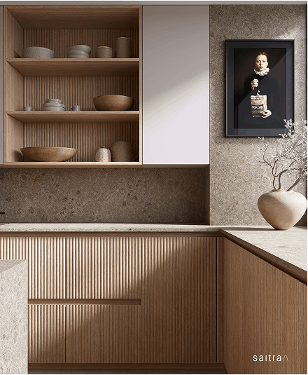 Cocina moderna con estanterías abiertas en madera natural, detalles en cerámica y una obra de arte en la pared, creando un ambiente cálido y elegante con un enfoque minimalista.