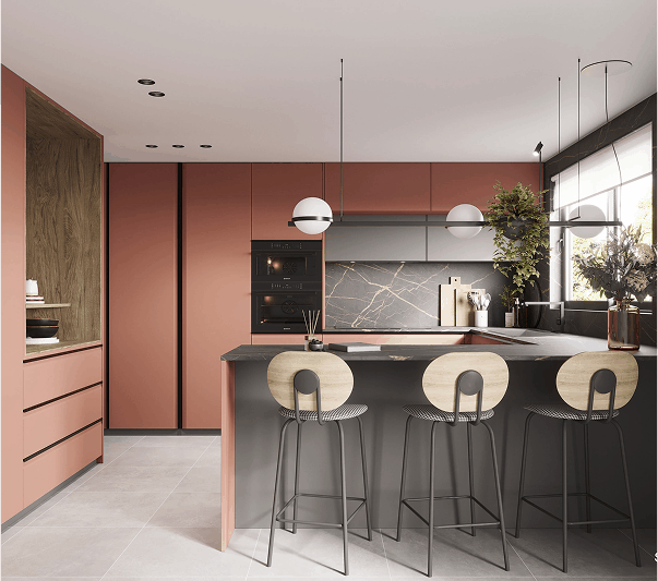 Cocina moderna con tonos terracota y detalles en madera, isla central con bancos de diseño minimalista, y una pared con mármol negro, creando un ambiente elegante y funcional.