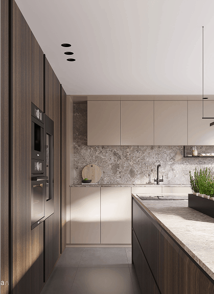Cocina moderna con acabados en madera oscura y detalles en tonos claros, superficie de granito, iluminación empotrada en el techo y una decoración minimalista con plantas naturales.