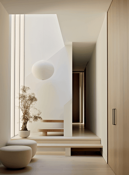 Espacio interior de diseño minimalista, con líneas limpias, iluminación suave y un ambiente cálido, destacando una planta en maceta, un banco de madera y detalles arquitectónicos modernos.